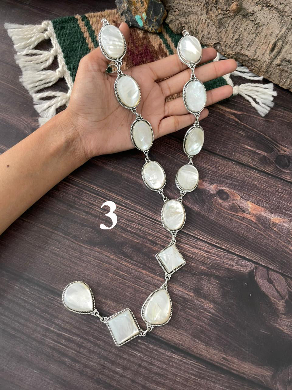 Handmade Sterling Silver Wedding Collection: Mother of Pearl Necklace "Signed Nizhoni"