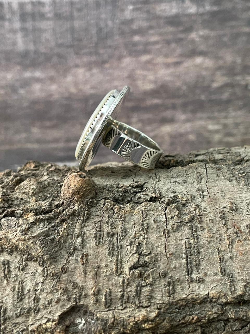 Handmade Sterling Silver Wedding Collection: Mother of Pearl Adjustable Ring "Signed Nizhoni"