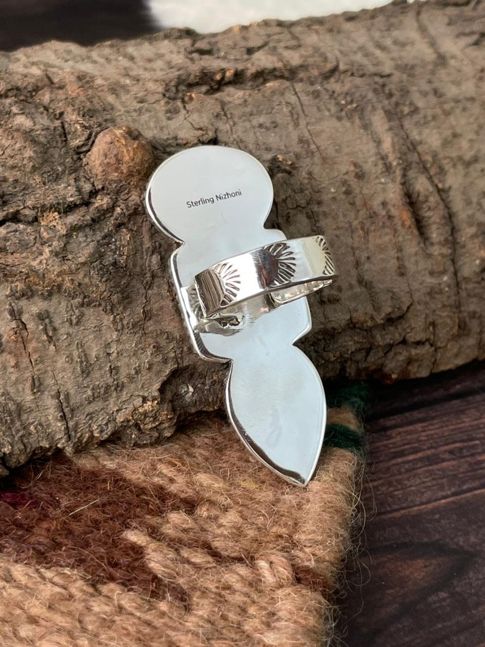 Handmade Sterling Silver Wedding Collection: Mother of Pearl Adjustable Ring "Signed Nizhoni"