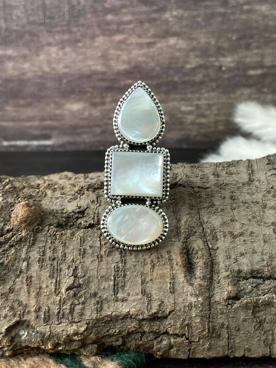 Handmade Sterling Silver Wedding Collection: Mother of Pearl Adjustable Ring "Signed Nizhoni"