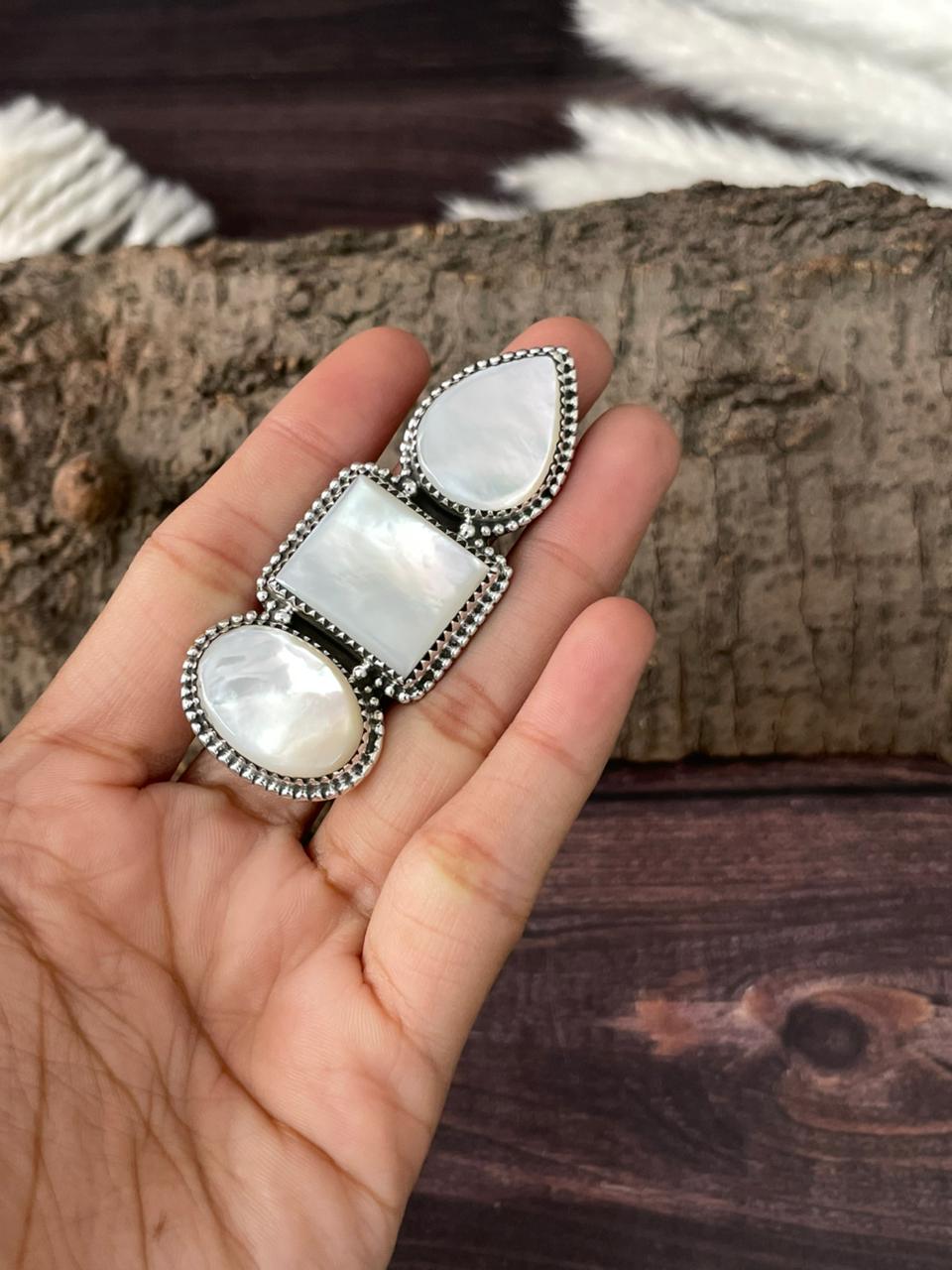 Handmade Sterling Silver Wedding Collection: Mother of Pearl Adjustable Ring "Signed Nizhoni"