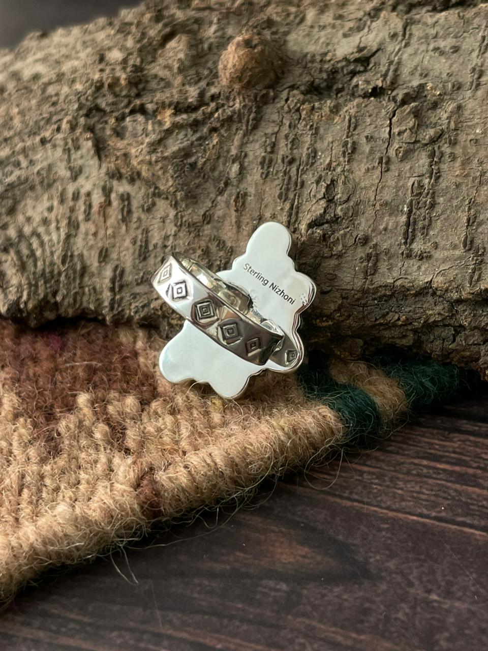 Handmade Sterling Silver Wedding Collection: Mother of Pearl Adjustable Ring "Signed Nizhoni"