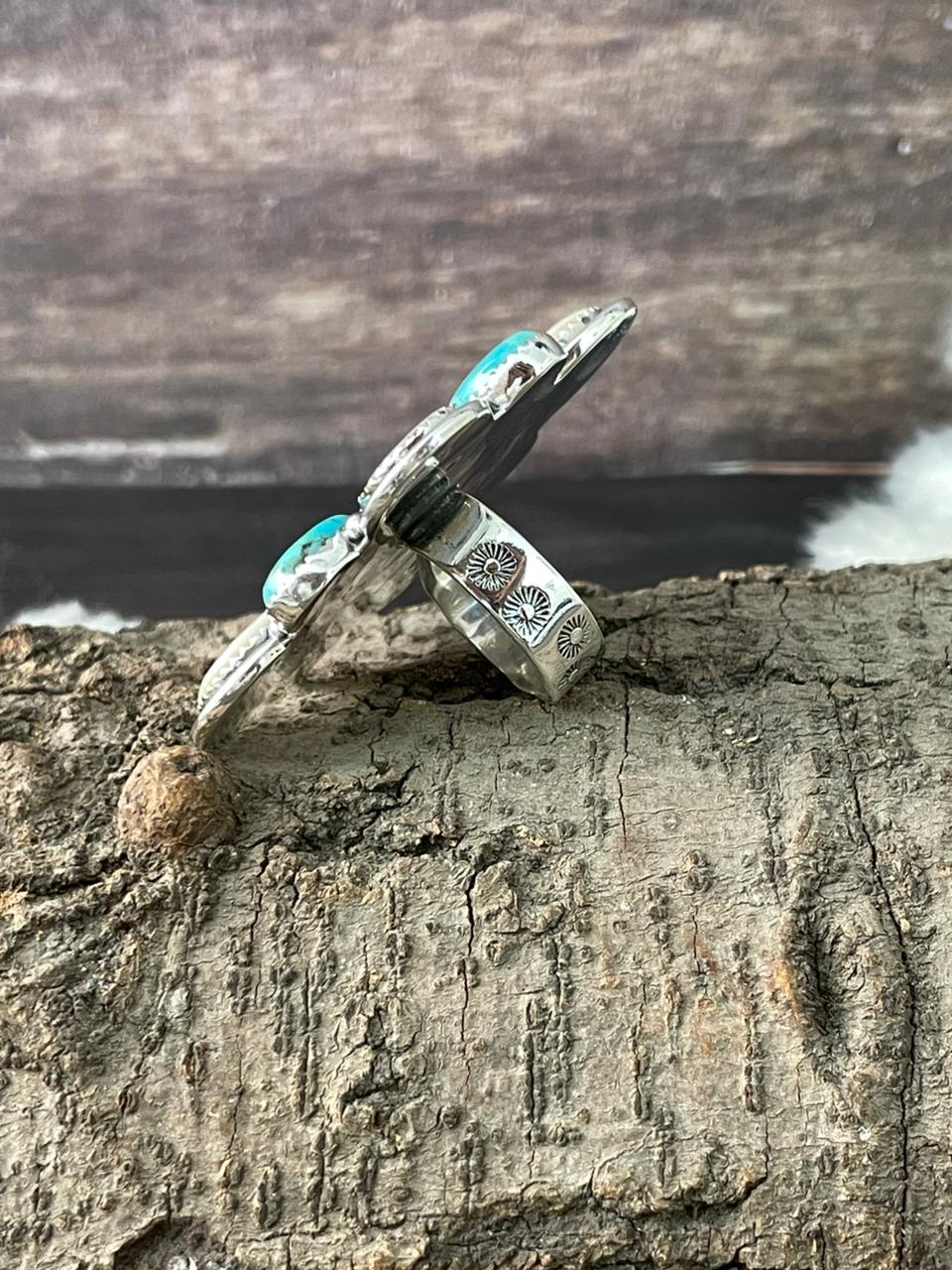 Handmade Sterling Silver Wedding Collection: Mother of Pearl with Kingman Turquoise Adjustable Ring "Signed Nizhoni"