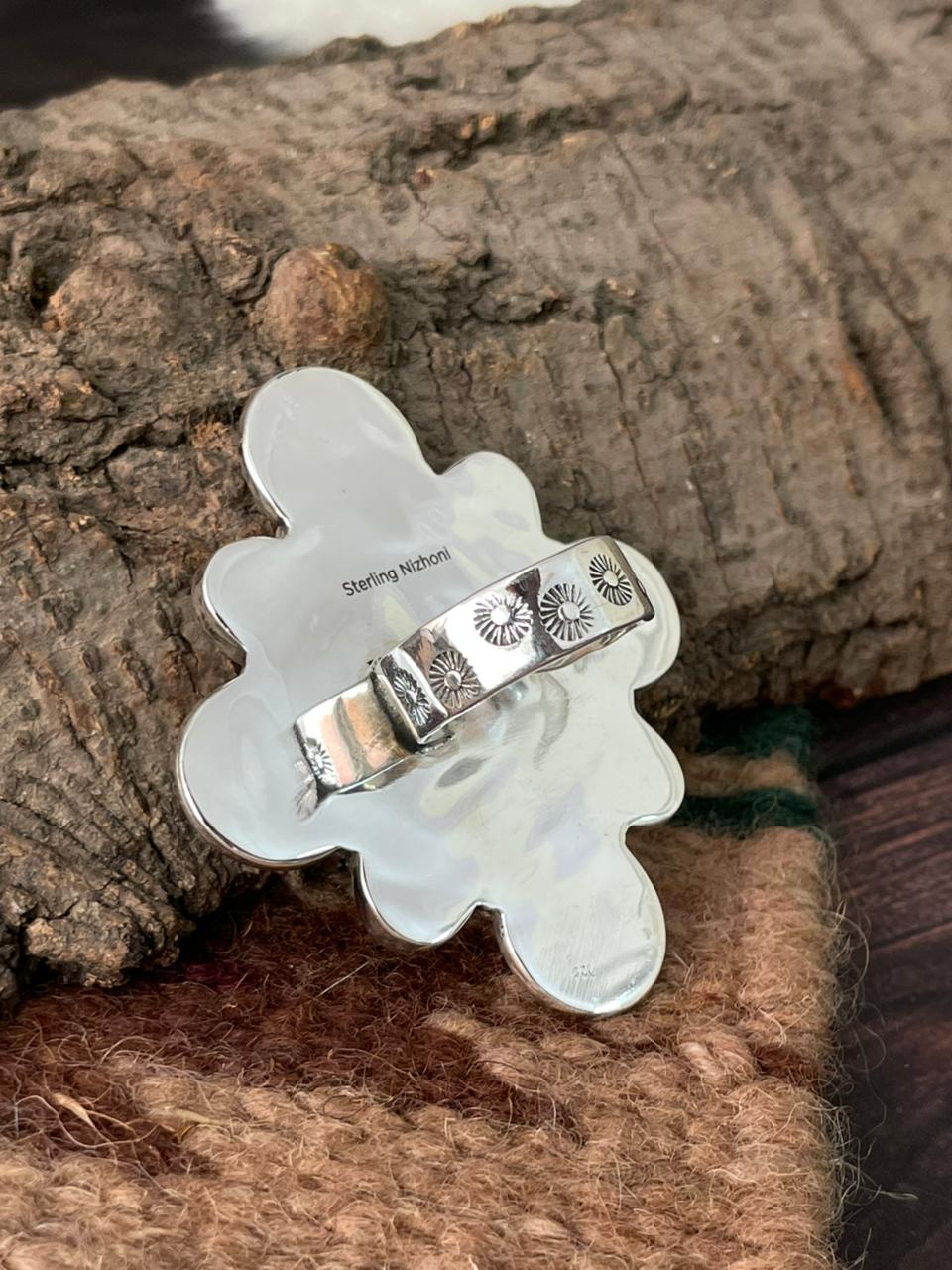 Handmade Sterling Silver Wedding Collection: Mother of Pearl with Kingman Turquoise Adjustable Ring "Signed Nizhoni"