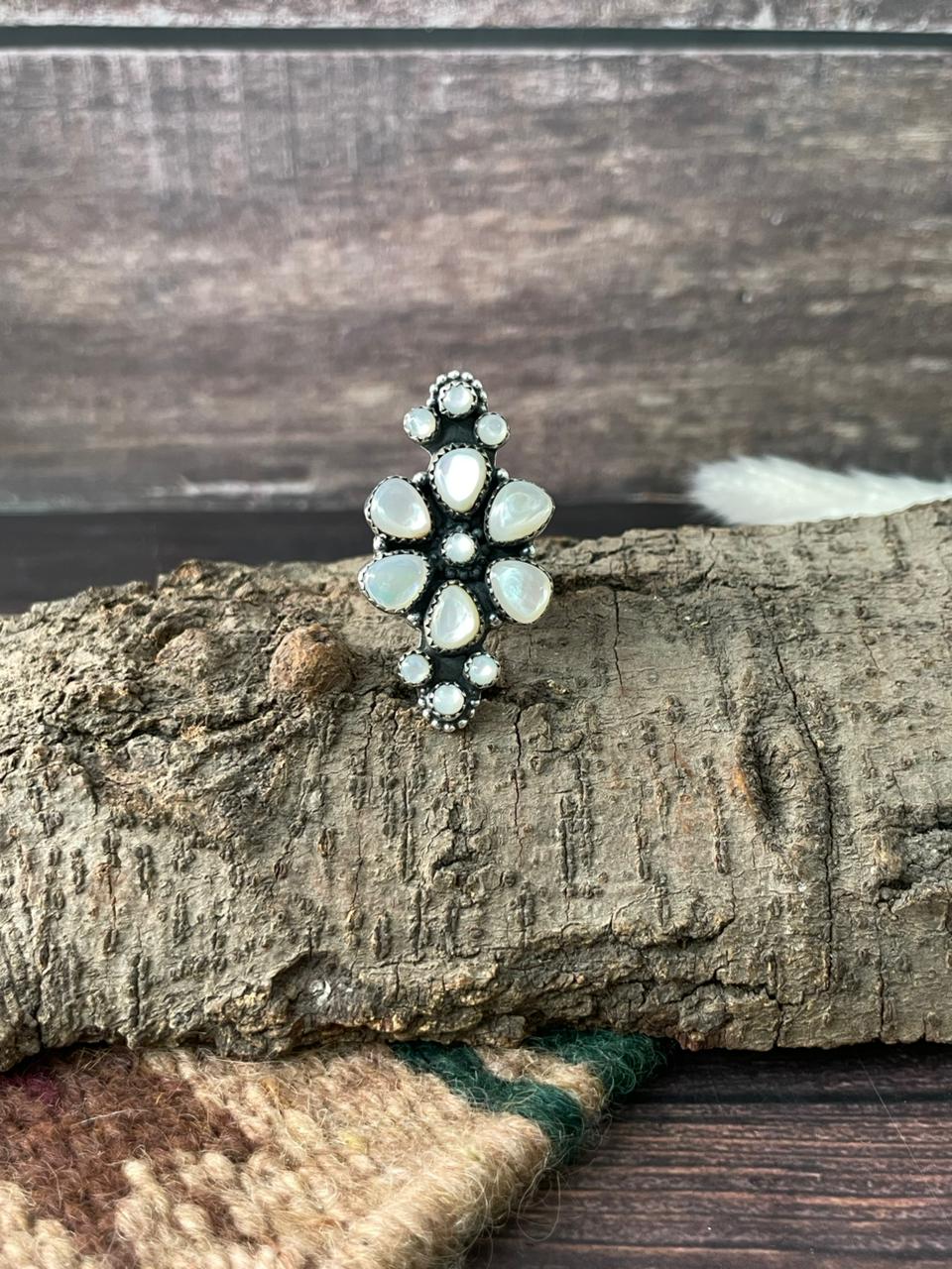Handmade Sterling Silver Wedding Collection: Mother of Pearl Adjustable Ring "Signed Nizhoni"