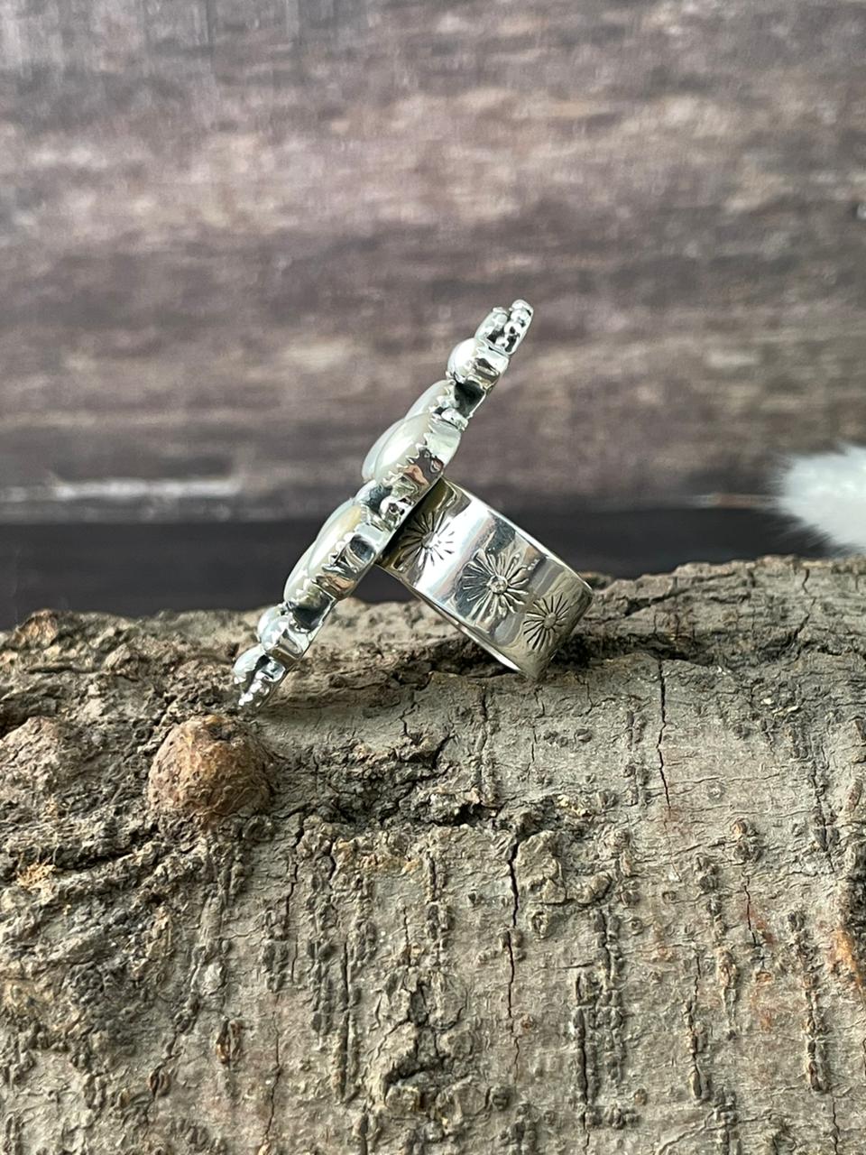 Handmade Sterling Silver Wedding Collection: Mother of Pearl Adjustable Ring "Signed Nizhoni"