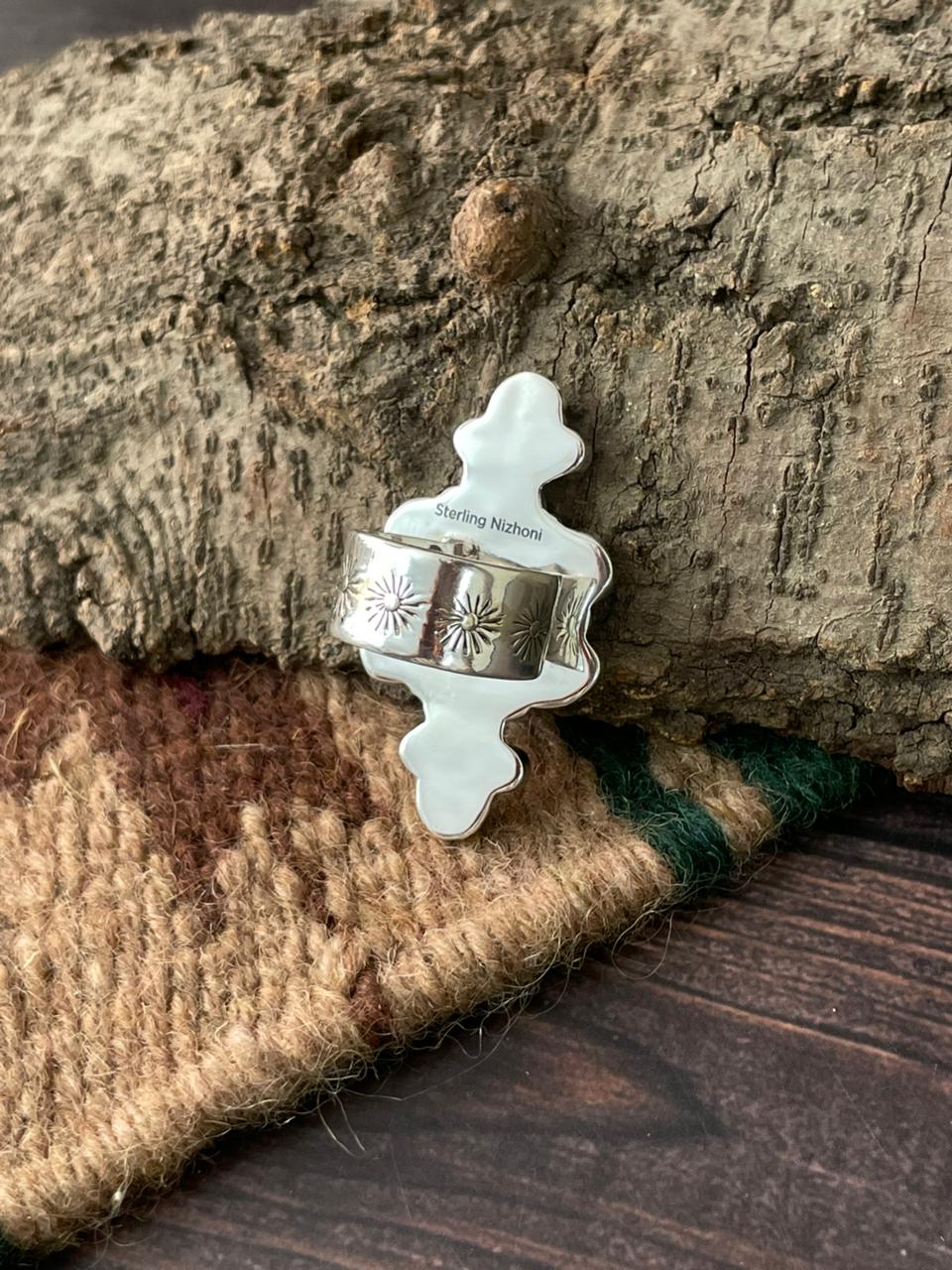 Handmade Sterling Silver Wedding Collection: Mother of Pearl Adjustable Ring "Signed Nizhoni"