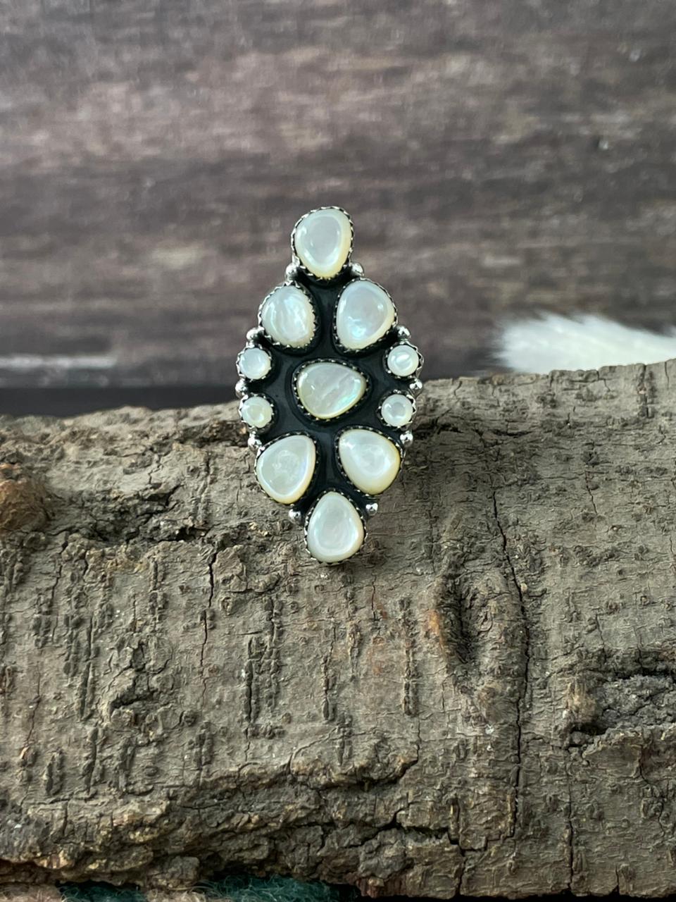 Handmade Sterling Silver Wedding Collection: Mother of Pearl Adjustable Ring "Signed Nizhoni"