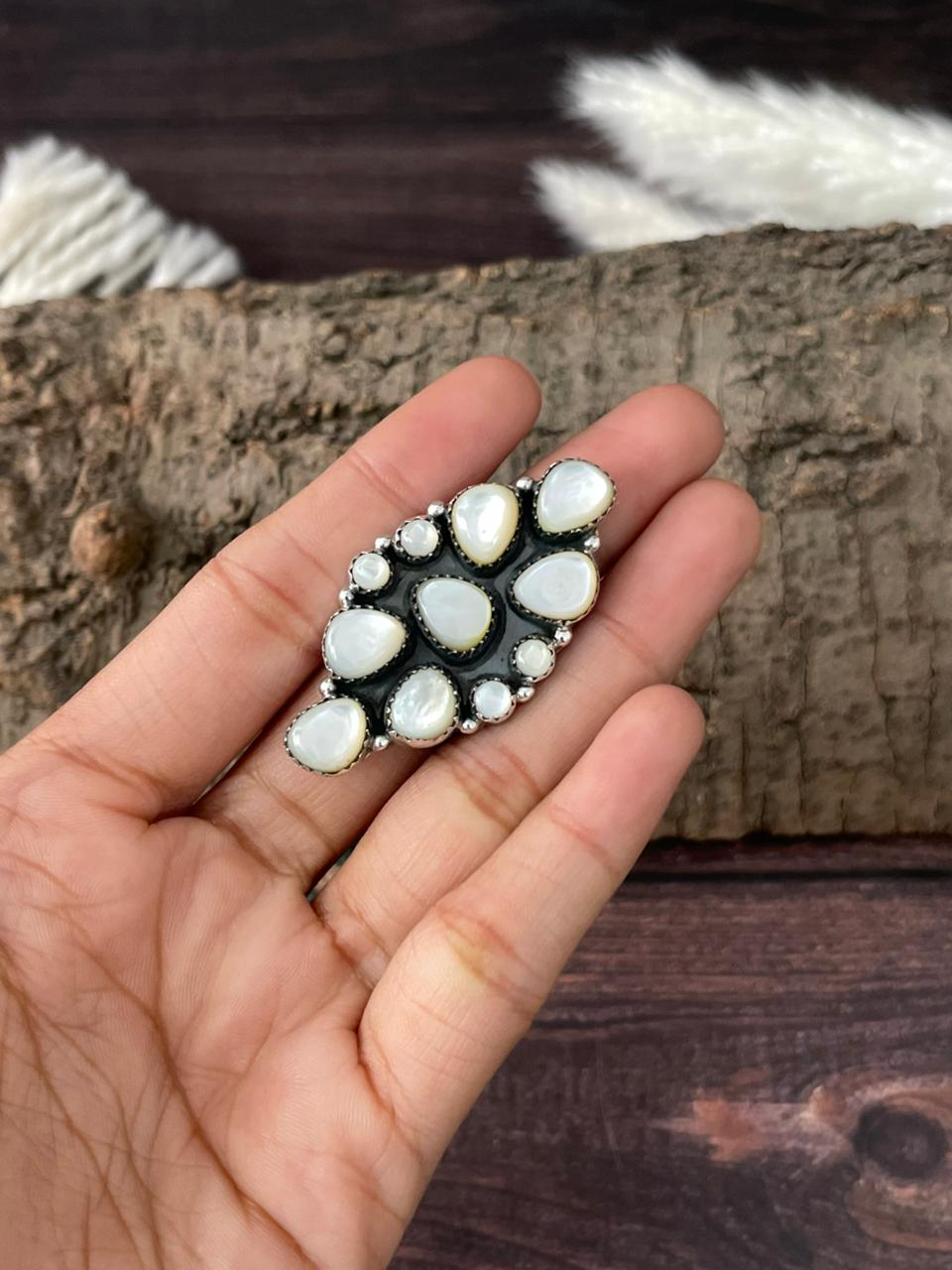 Handmade Sterling Silver Wedding Collection: Mother of Pearl Adjustable Ring "Signed Nizhoni"