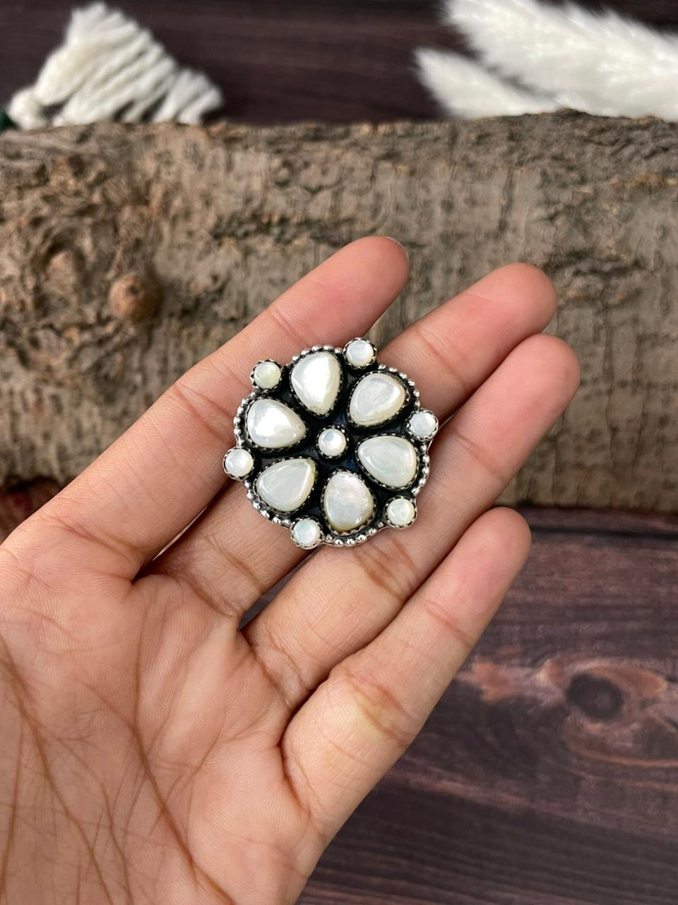 Handmade Sterling Silver Wedding Collection: Mother of Pearl Adjustable Ring "Signed Nizhoni"