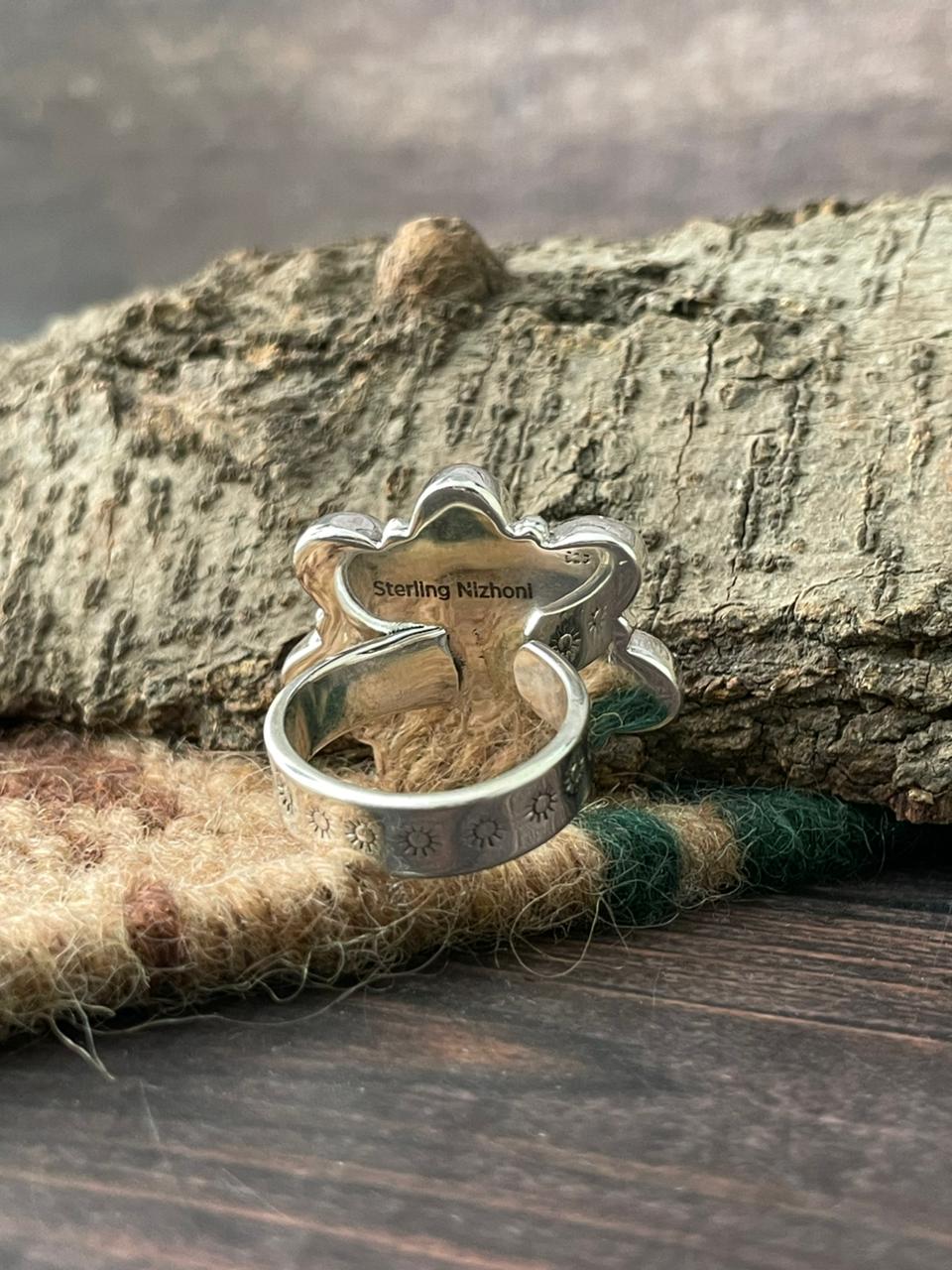 Handmade Sterling Silver Wedding Collection: Mother of Pearl Adjustable Ring "Signed Nizhoni"