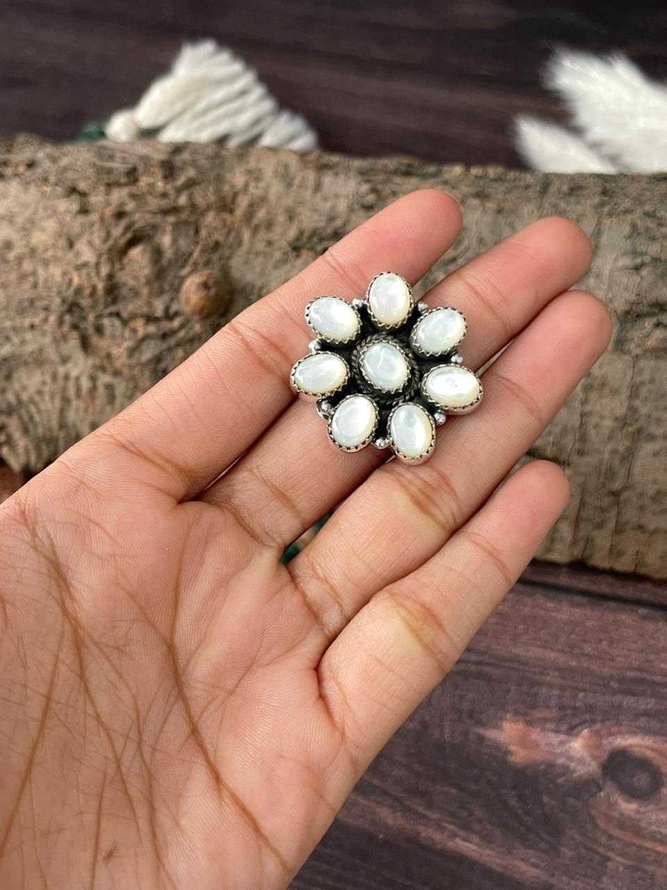 Handmade Sterling Silver Wedding Collection: Mother of Pearl Adjustable Ring "Signed Nizhoni"