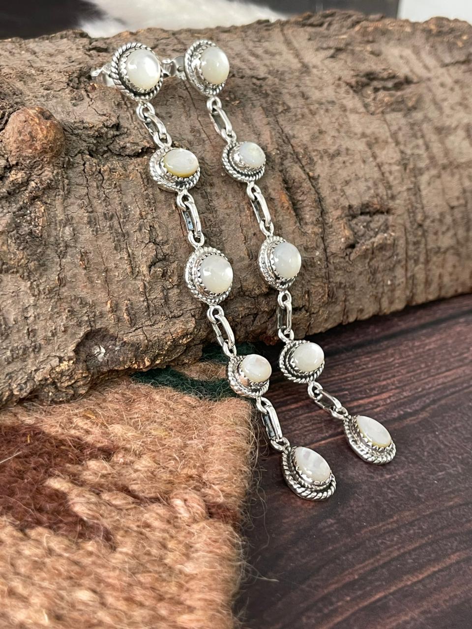 Handmade Sterling Silver Wedding Collection: Mother of Pearl Post Dangle Earrings "Signed Nizhoni"