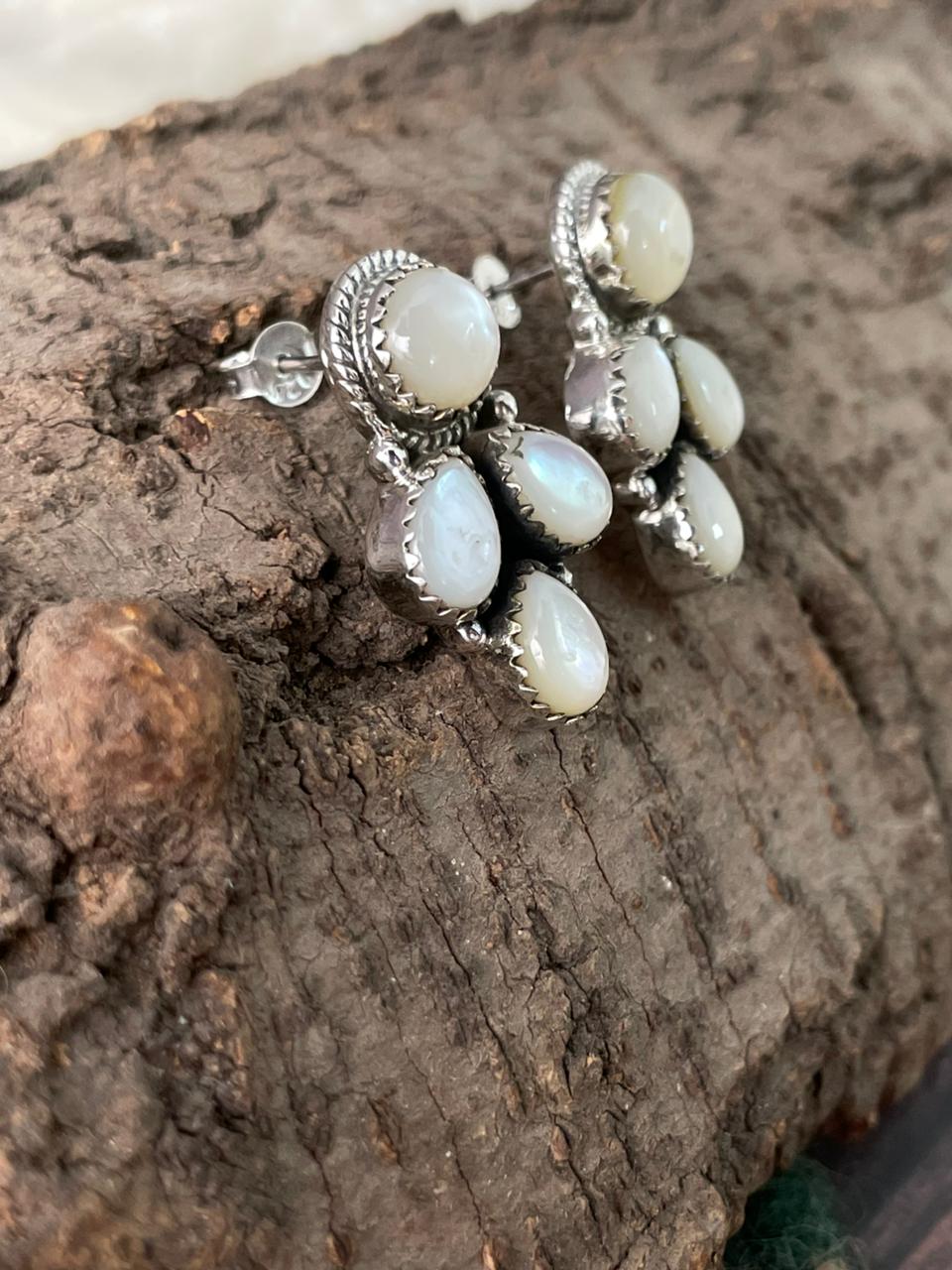 Handmade Sterling Silver Wedding Collection: Mother of Pearl Post Studs Earrings "Signed Nizhoni"