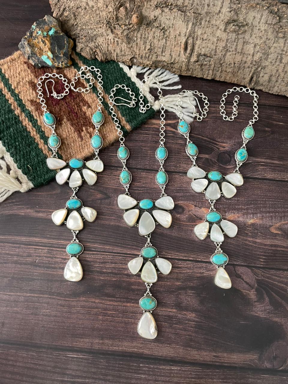 Handmade Sterling Silver Wedding Collection: Mother of Pearl with Kingman Turquoise "Signed Nizhoni"