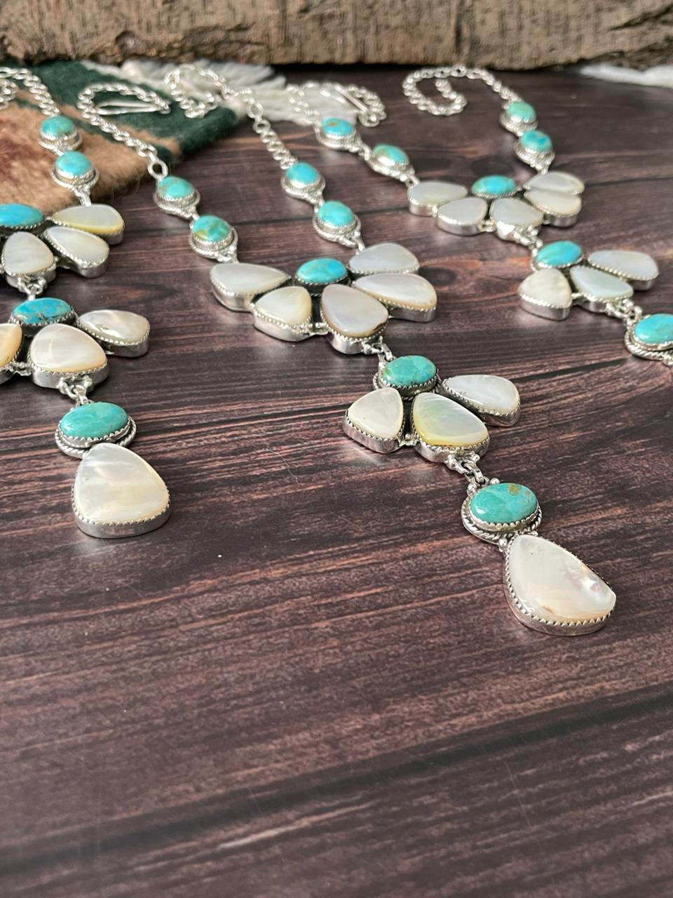 Handmade Sterling Silver Wedding Collection: Mother of Pearl with Kingman Turquoise "Signed Nizhoni"
