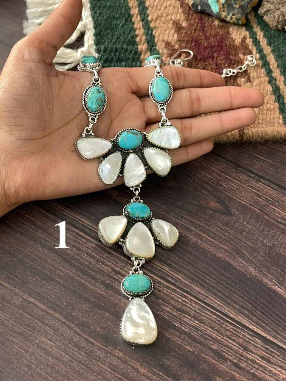 Handmade Sterling Silver Wedding Collection: Mother of Pearl with Kingman Turquoise "Signed Nizhoni"