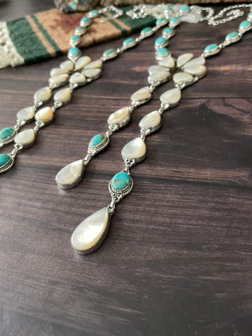 Handmade Sterling Silver Wedding Collection: Mother of Pearl with Kingman Turquoise Necklace "Signed Nizhoni"