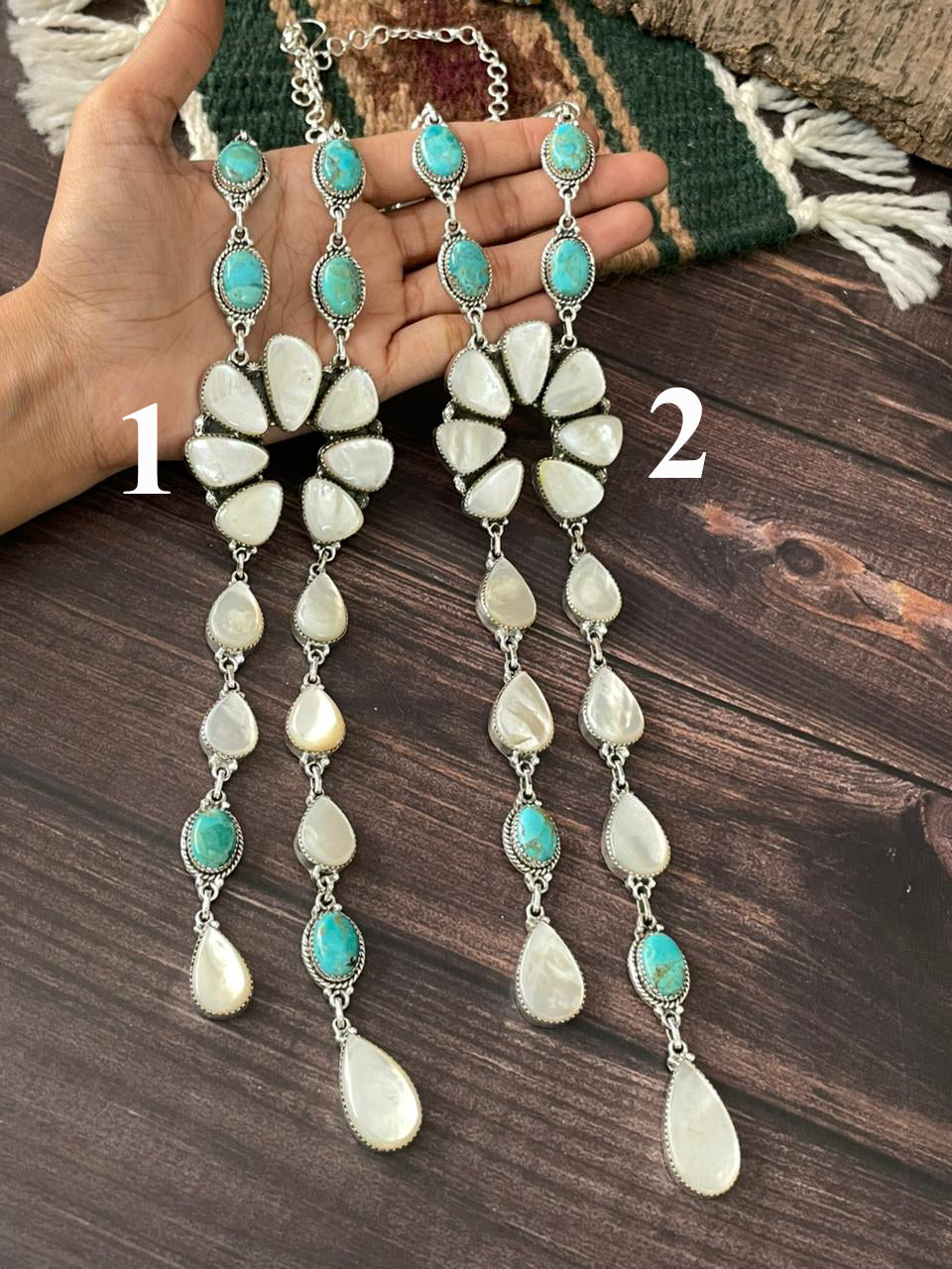 Handmade Sterling Silver Wedding Collection: Mother of Pearl with Kingman Turquoise Necklace "Signed Nizhoni"