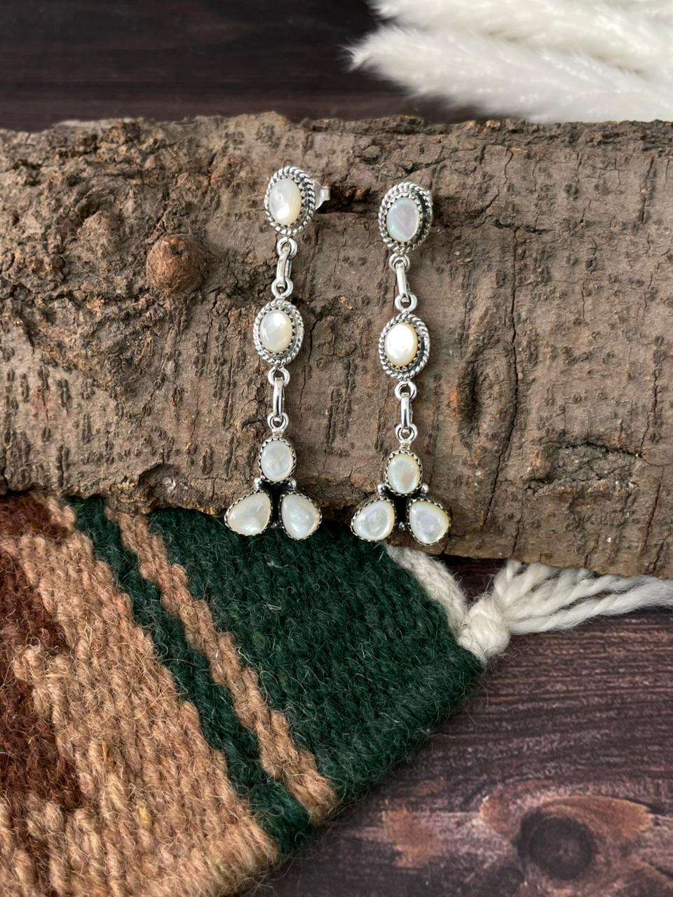 Handmade Sterling Silver Wedding Collection: Mother of Pearl Post Dangle Earrings "Signed Nizhoni"