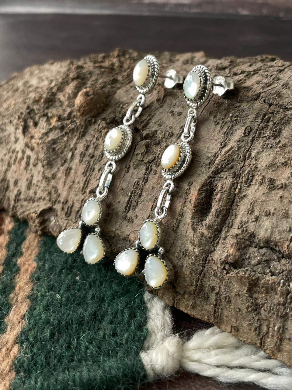 Handmade Sterling Silver Wedding Collection: Mother of Pearl Post Dangle Earrings "Signed Nizhoni"