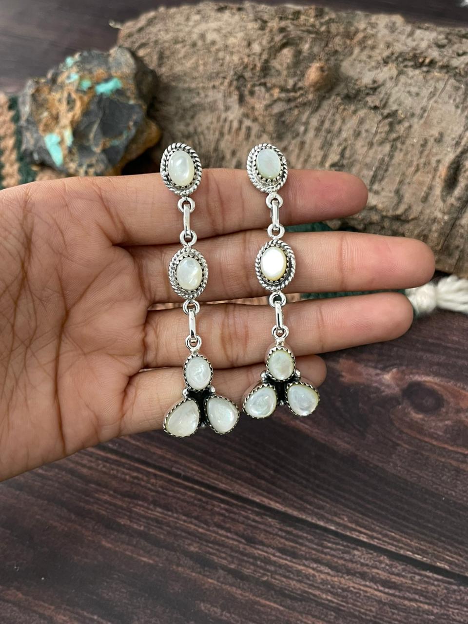 Handmade Sterling Silver Wedding Collection: Mother of Pearl Post Dangle Earrings "Signed Nizhoni"