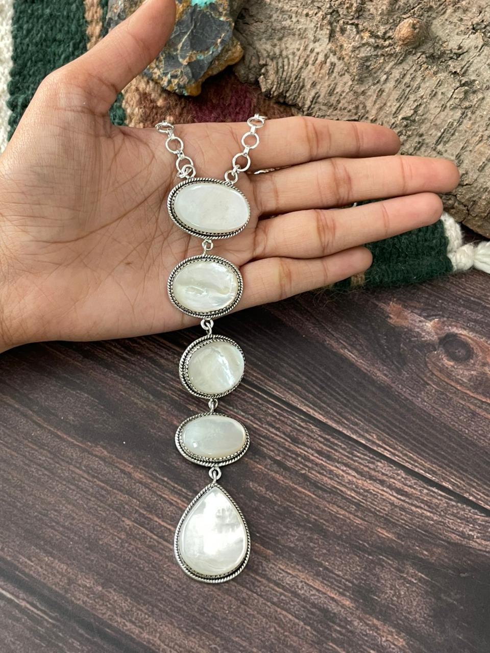 Handmade Sterling Silver Wedding Collection: Mother of Pearl Necklace "Signed Nizhoni"