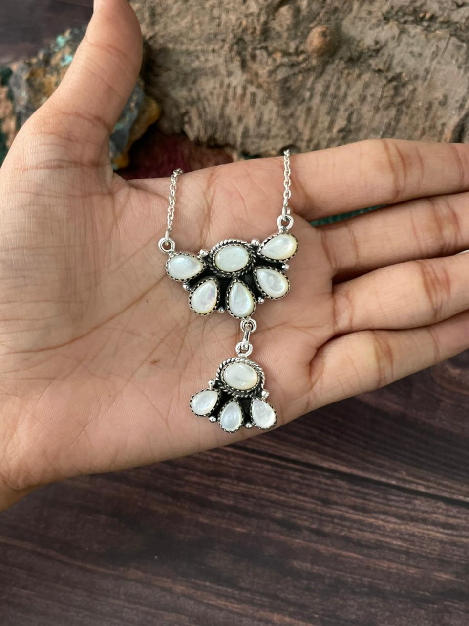 Handmade Sterling Silver Wedding Collection: Mother of Pearl Necklace "Signed Nizhoni"