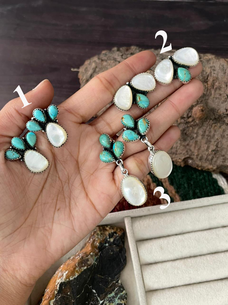 Handmade Sterling Silver Wedding Collection: Mother of Pearl with Kingman Turquoise Post Studs and Dangle Earrings "Signed Nizhoni"