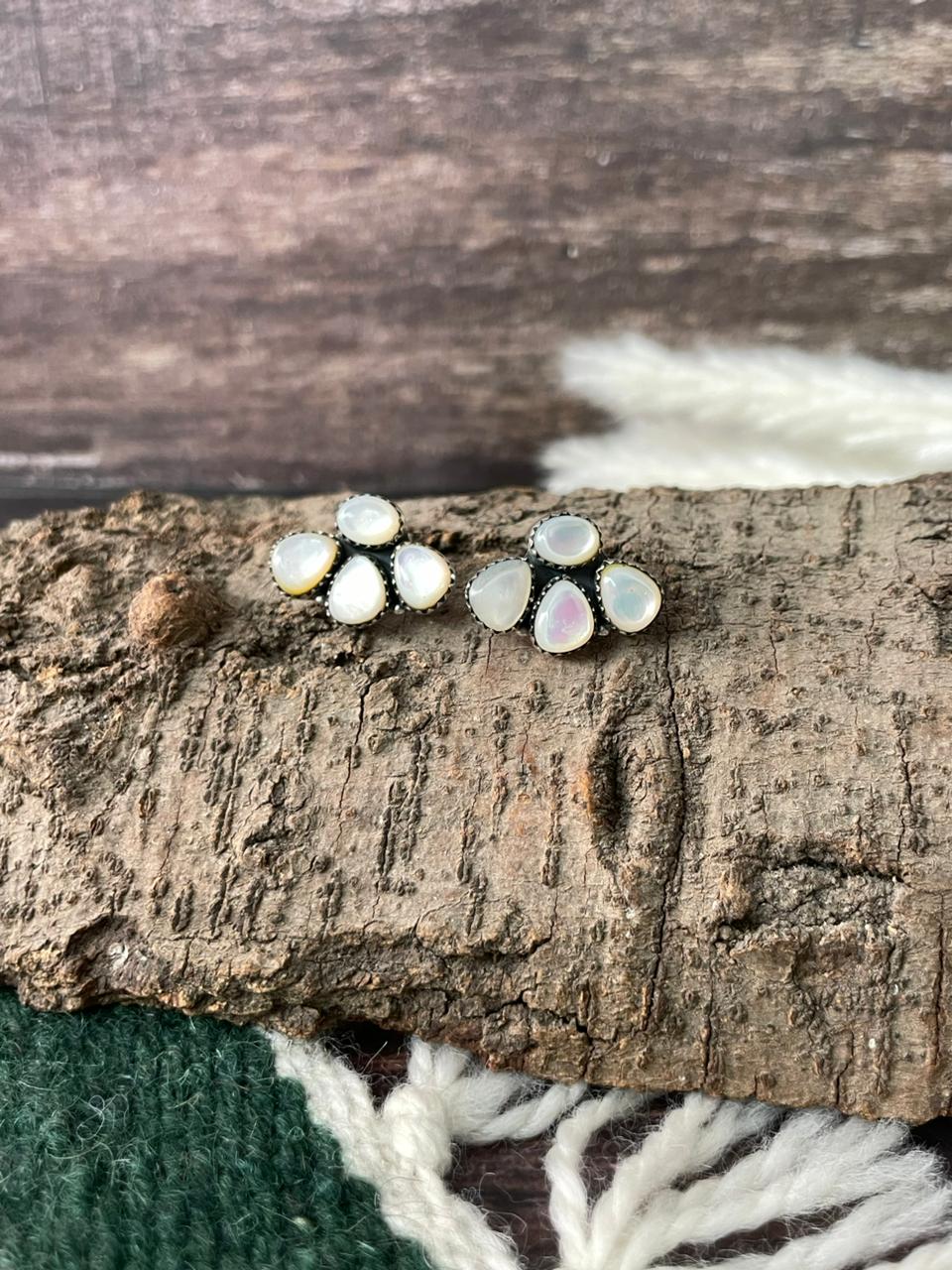Handmade Sterling Silver Wedding Collection: Mother of Pearl Post Studs Earrings "Signed Nizhoni"