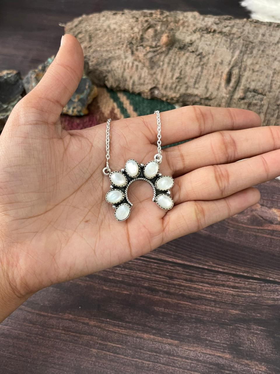 Handmade Sterling Silver Wedding Collection: Mother of Pearl Naja Necklace "Signed Nizhoni"