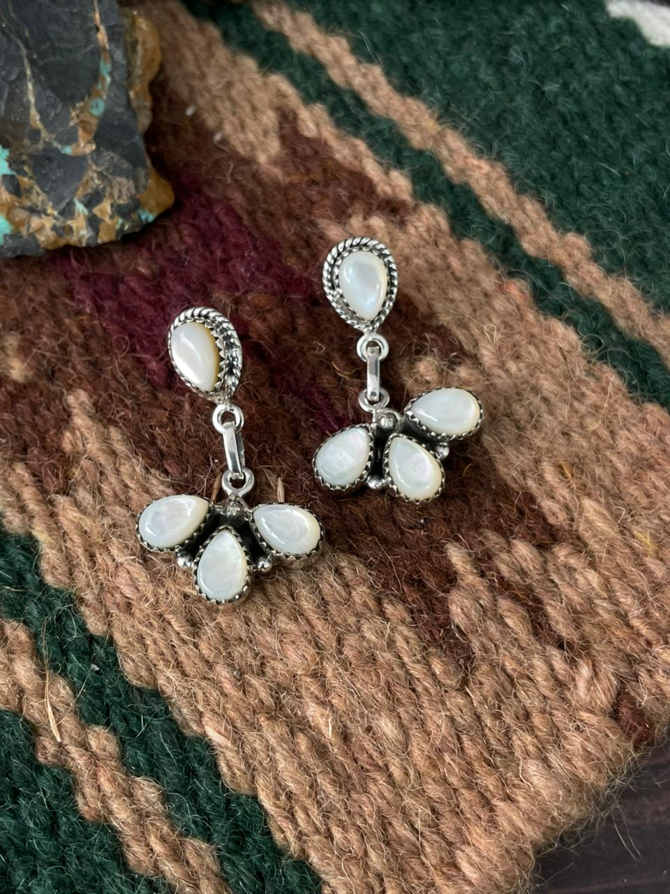 Handmade Sterling Silver Wedding Collection: Mother of Pearl Post Dangle Earrings "Signed Nizhoni"