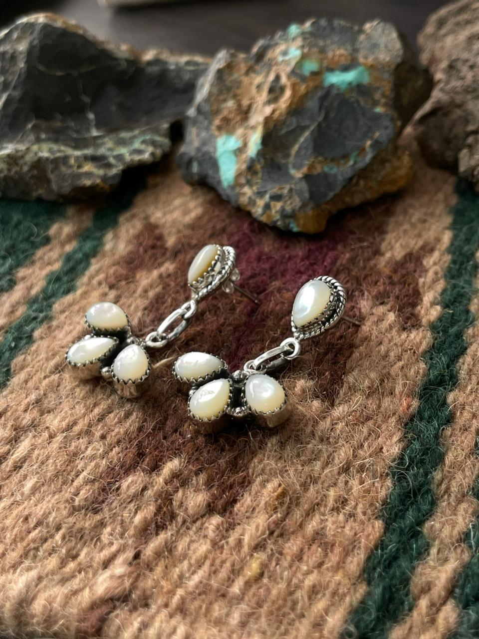 Handmade Sterling Silver Wedding Collection: Mother of Pearl Post Dangle Earrings "Signed Nizhoni"