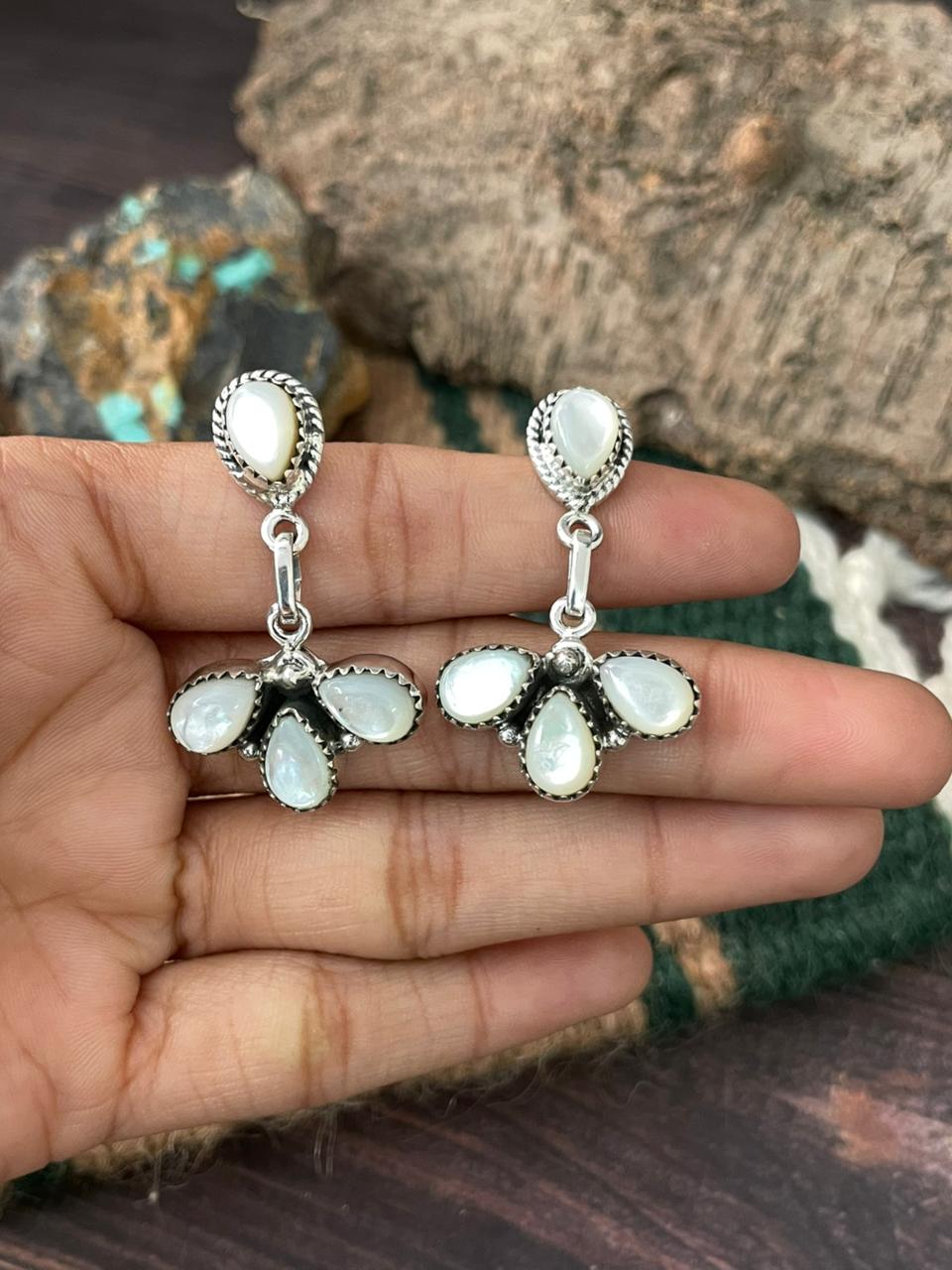 Handmade Sterling Silver Wedding Collection: Mother of Pearl Post Dangle Earrings "Signed Nizhoni"