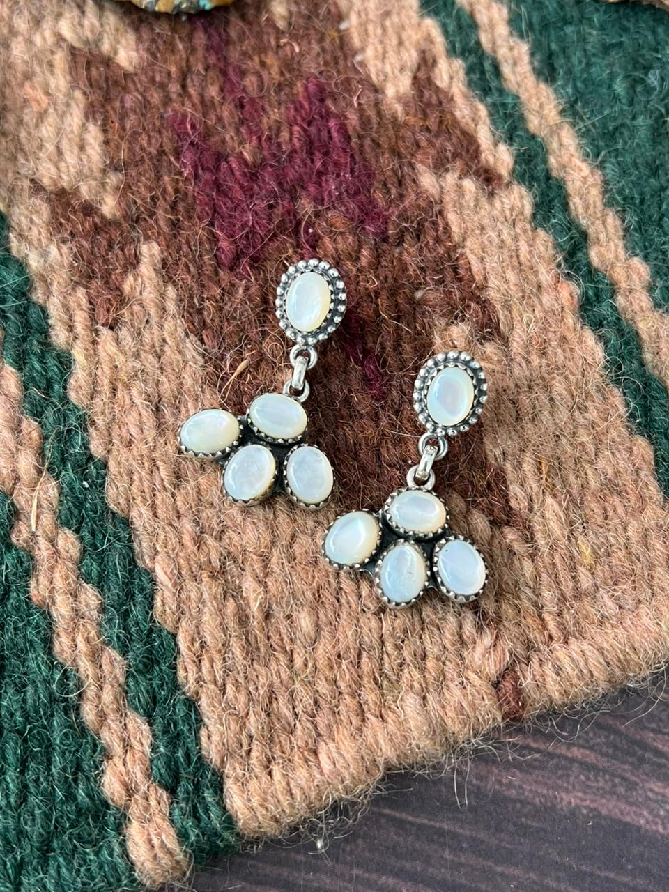 Handmade Sterling Silver Wedding Collection: Mother of Pearl Post Dangle Earrings "Signed Nizhoni"