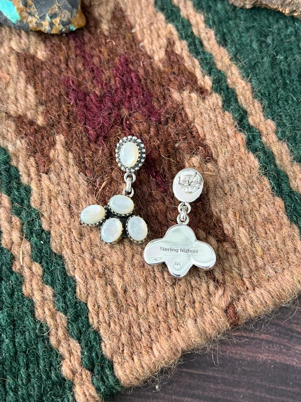Handmade Sterling Silver Wedding Collection: Mother of Pearl Post Dangle Earrings "Signed Nizhoni"