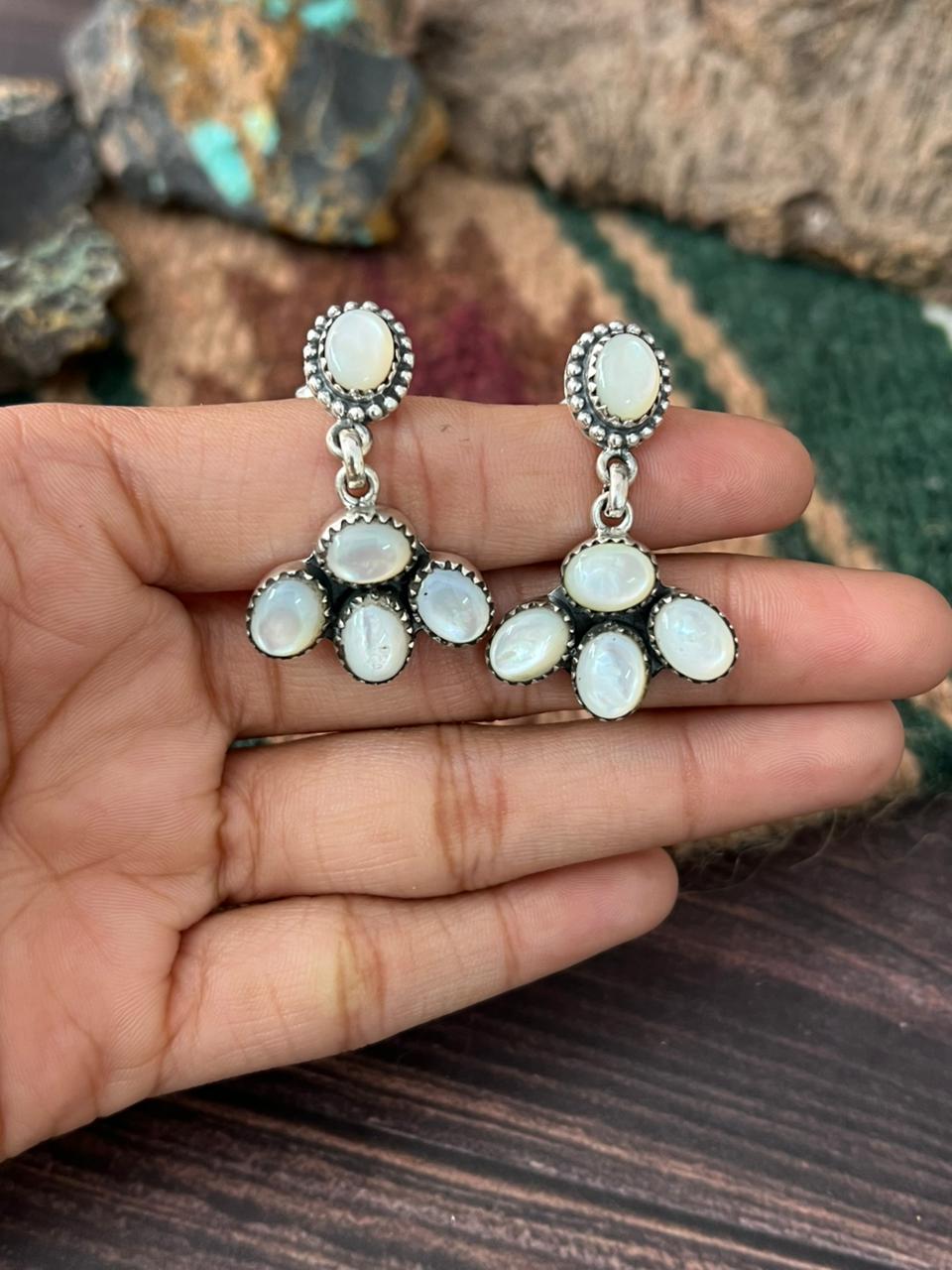 Handmade Sterling Silver Wedding Collection: Mother of Pearl Post Dangle Earrings "Signed Nizhoni"