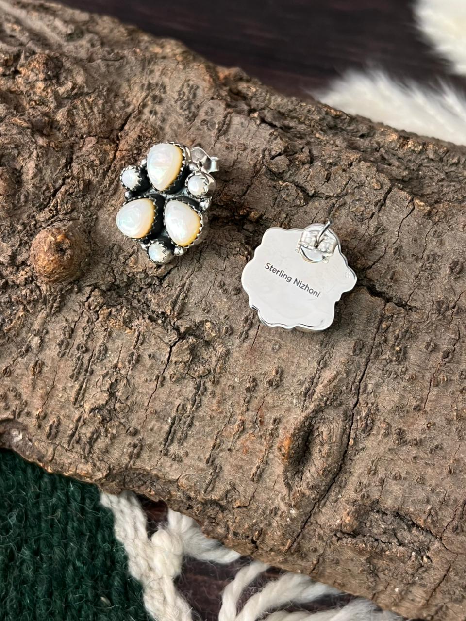 Handmade Sterling Silver Wedding Collection: Mother of Pearl Post Studs Earrings "Signed Nizhoni"