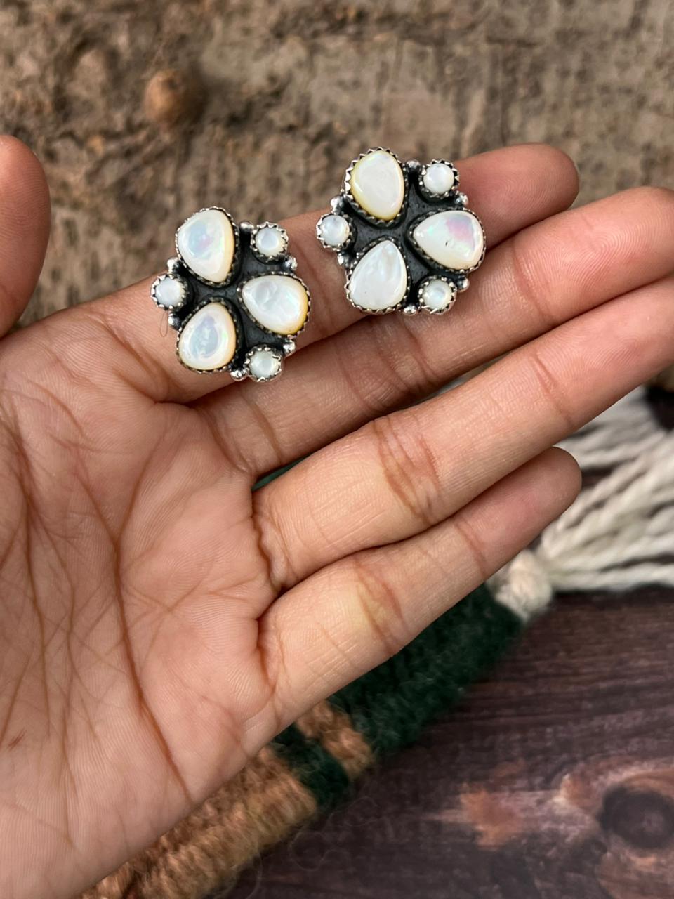 Handmade Sterling Silver Wedding Collection: Mother of Pearl Post Studs Earrings "Signed Nizhoni"