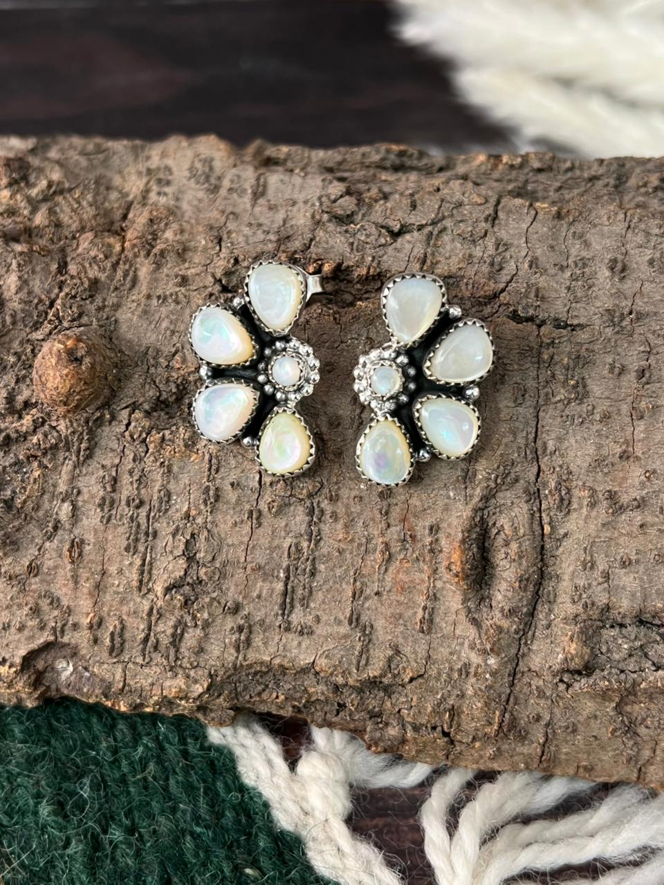 Handmade Sterling Silver Wedding Collection: Mother of Pearl Post Studs Earrings "Signed Nizhoni"