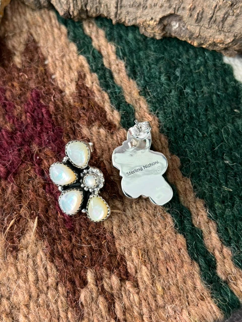 Handmade Sterling Silver Wedding Collection: Mother of Pearl Post Studs Earrings "Signed Nizhoni"