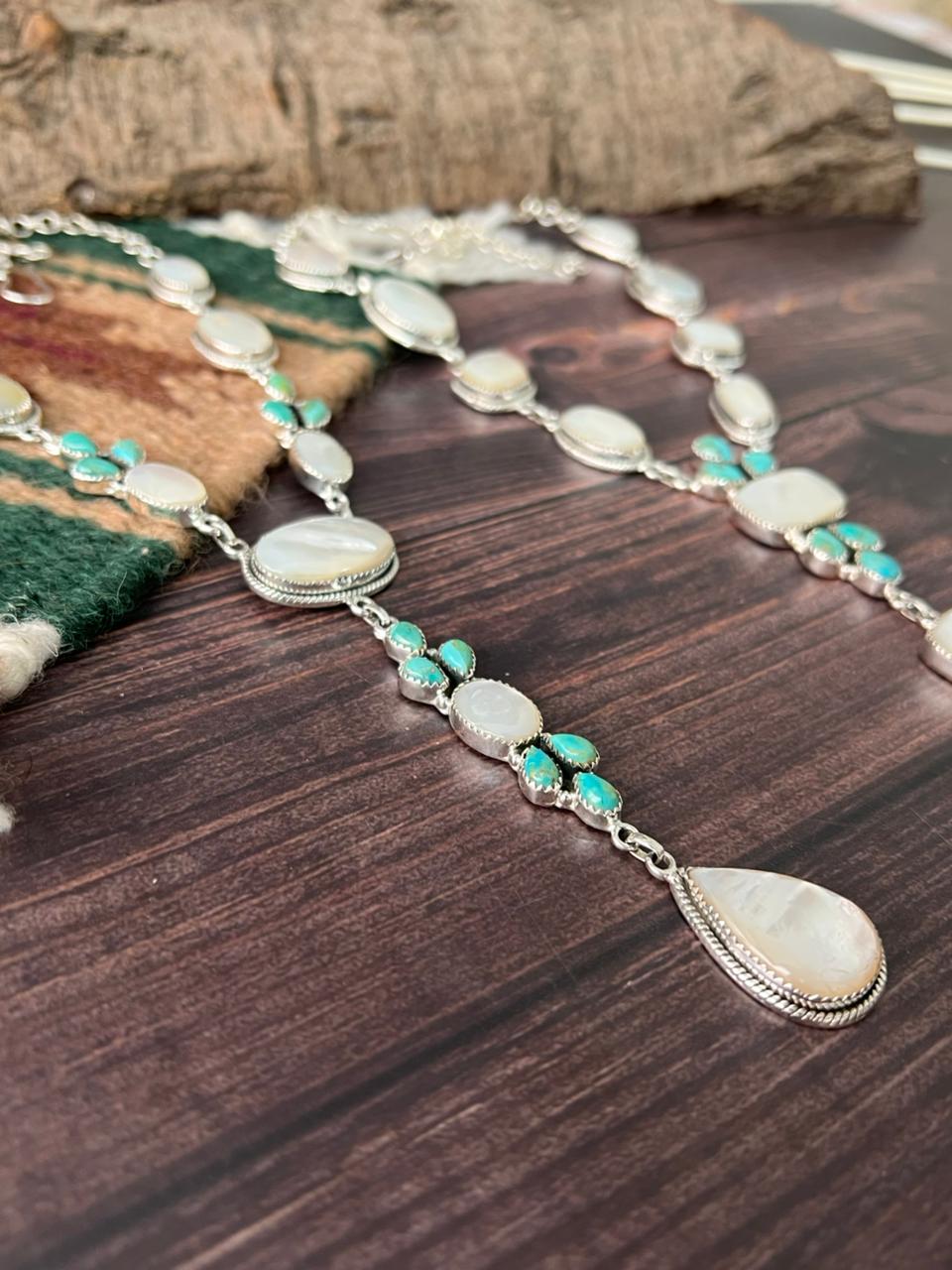 Handmade Sterling Silver Wedding Collection: Mother of Pearl with Kingman Turquoise Necklace "Signed Nizhoni"