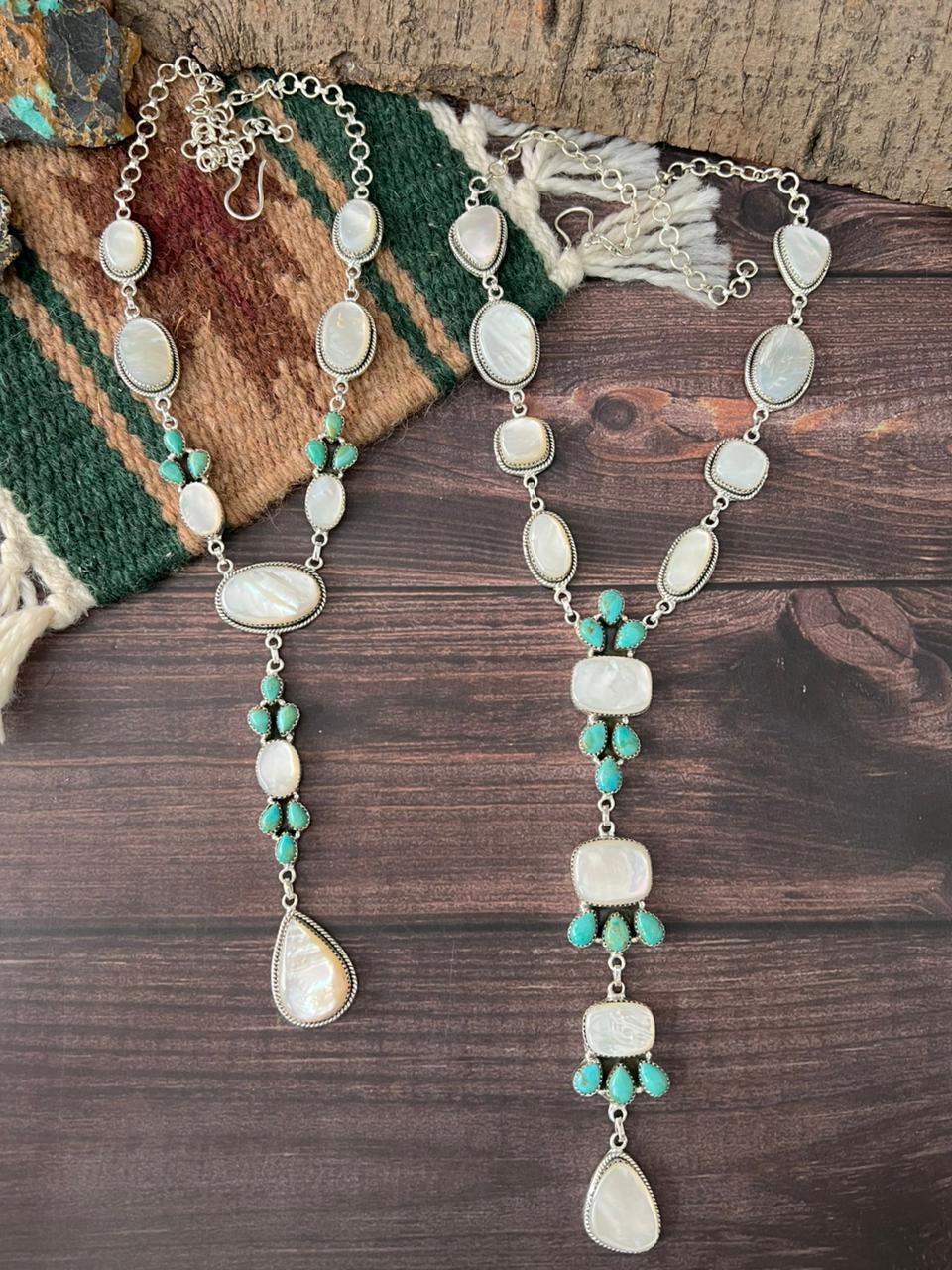 Handmade Sterling Silver Wedding Collection: Mother of Pearl with Kingman Turquoise Necklace "Signed Nizhoni"