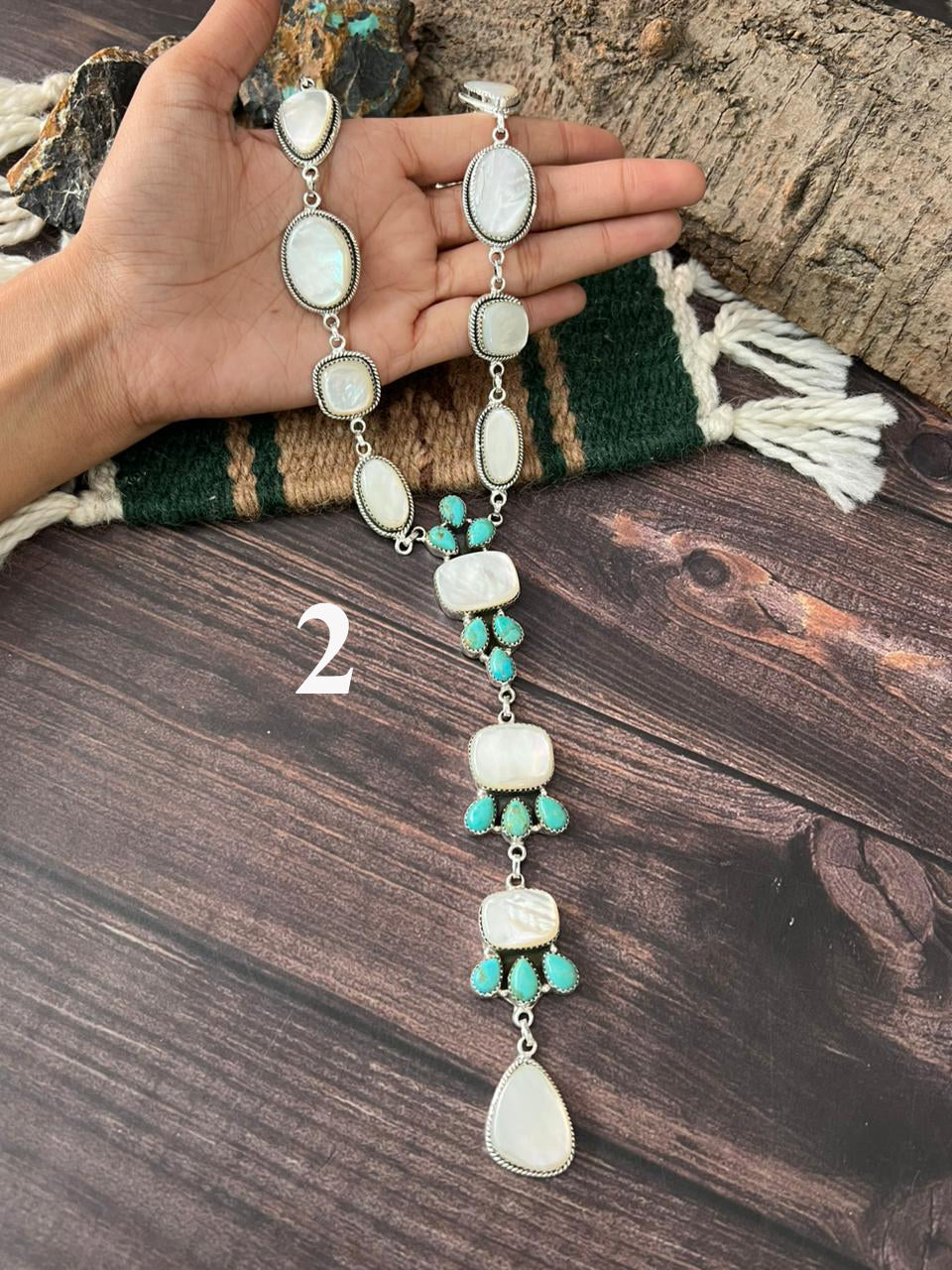 Handmade Sterling Silver Wedding Collection: Mother of Pearl with Kingman Turquoise Necklace "Signed Nizhoni"