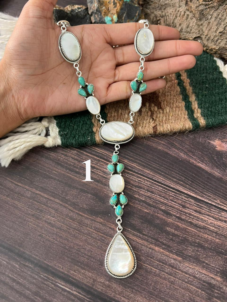 Handmade Sterling Silver Wedding Collection: Mother of Pearl with Kingman Turquoise Necklace "Signed Nizhoni"