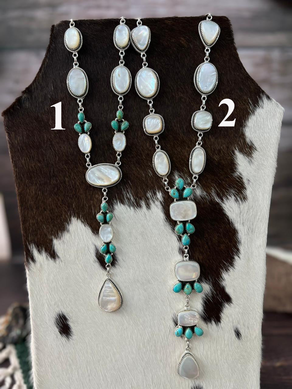 Handmade Sterling Silver Wedding Collection: Mother of Pearl with Kingman Turquoise Necklace "Signed Nizhoni"