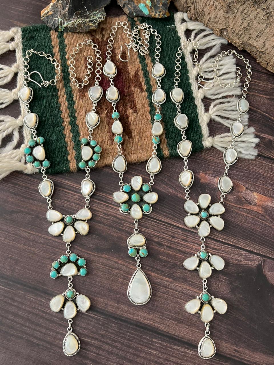 Handmade Sterling Silver Wedding Collection: Mother of Pearl with Kingman Turquoise Necklace "Signed Nizhoni"