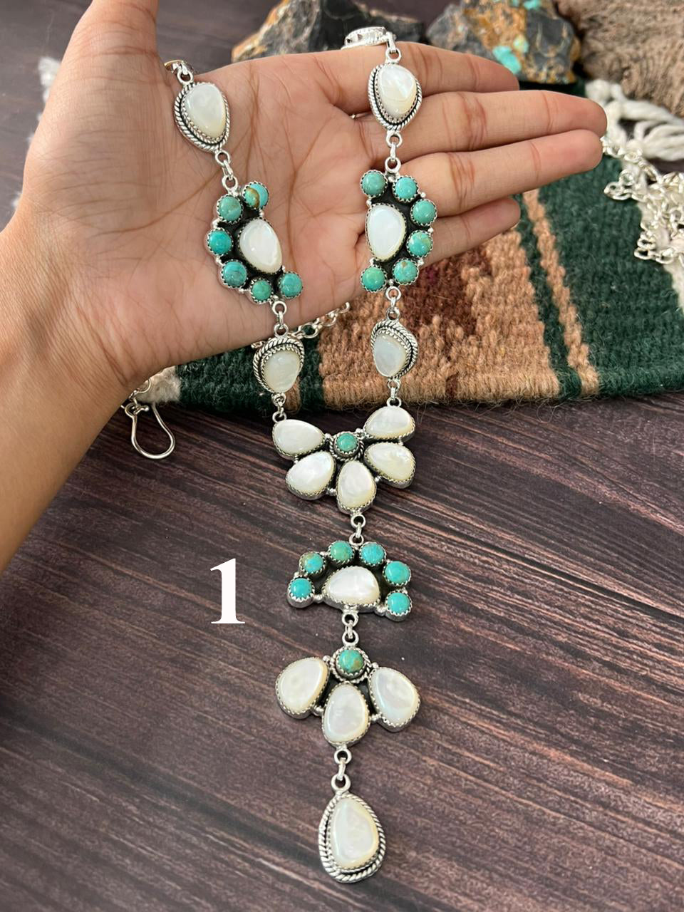 Handmade Sterling Silver Wedding Collection: Mother of Pearl with Kingman Turquoise Necklace "Signed Nizhoni"