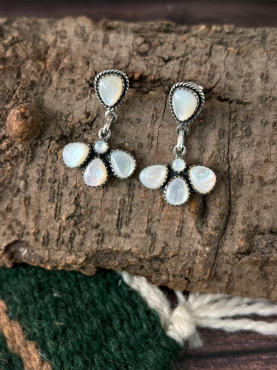 Handmade Sterling Silver Wedding Collection: Mother of Pearl Post Dangle Earrings "Signed Nizhoni"