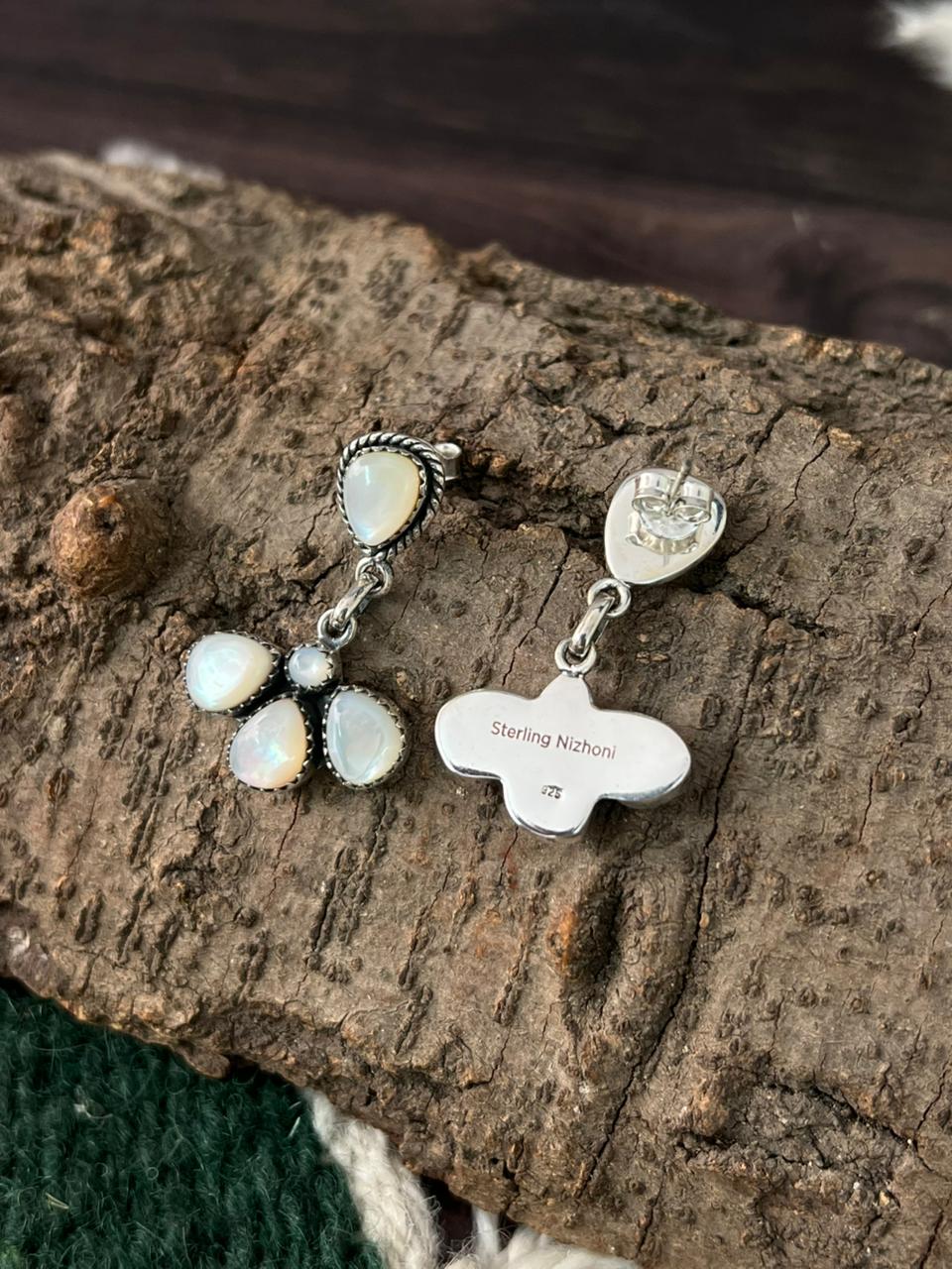 Handmade Sterling Silver Wedding Collection: Mother of Pearl Post Dangle Earrings "Signed Nizhoni"